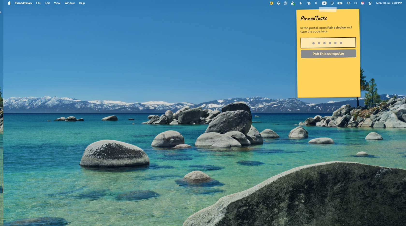 The PinnedTasks note pinned to the top-right corner of a Mac desktop